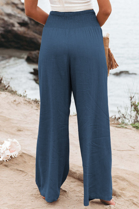 Smocked Wide Waistband High Waist Wide Leg Pants